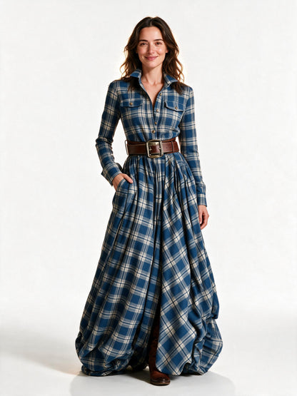 Marlowe belted tartan maxi dress in blue tartan, front view on a white studio background