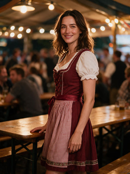 Woman wearing the red checked dirndl in a Bavarian beer tent