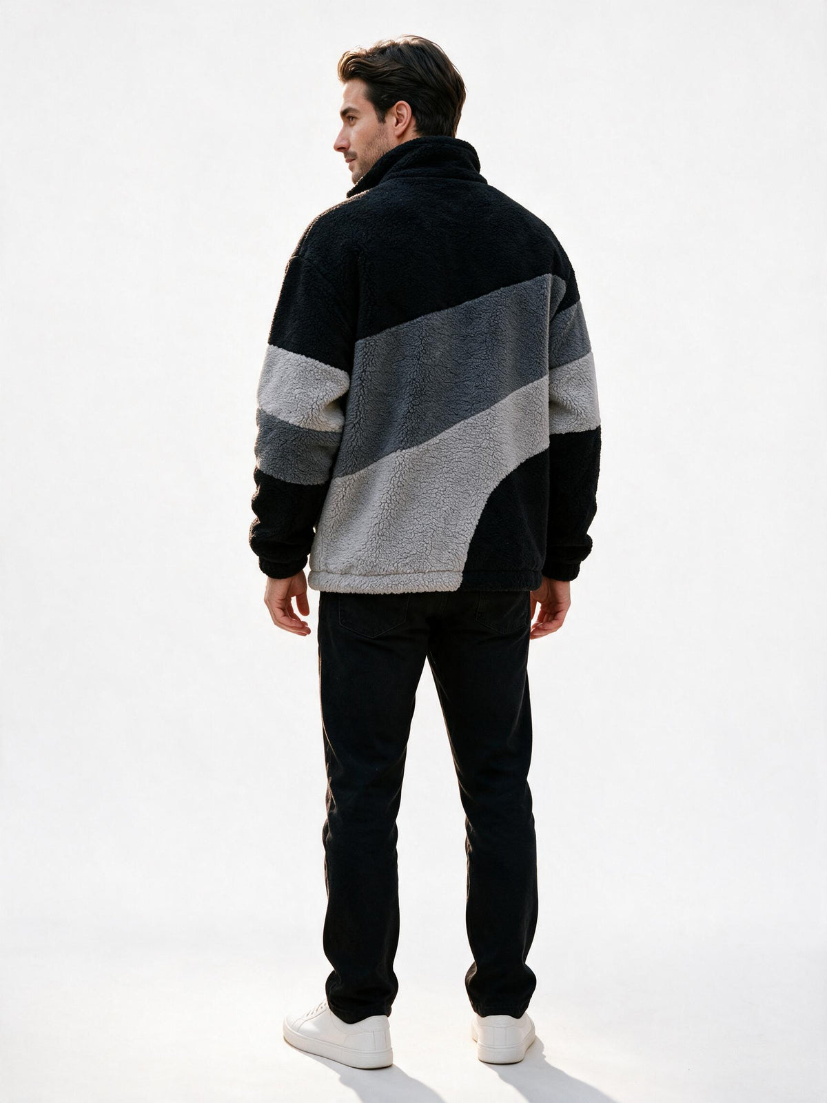 Back view of the oversized sherpa fleece jacket showing the shoulder seams and hem