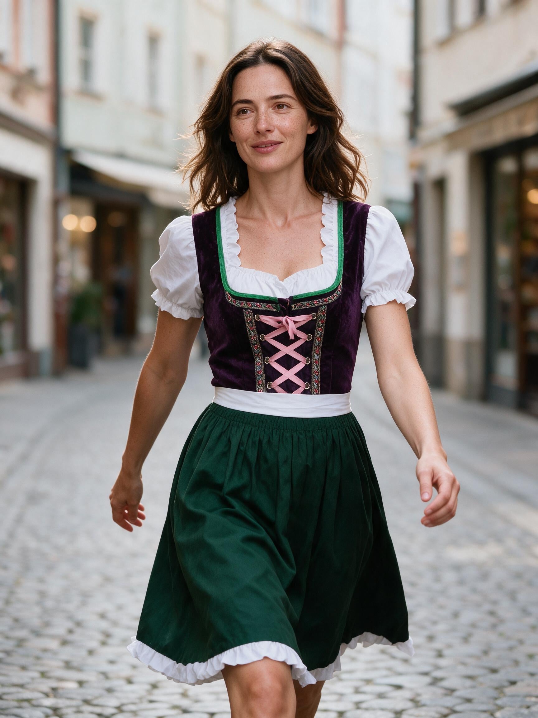 Woman walking through a Munich old-town street in the purple and green dirndl