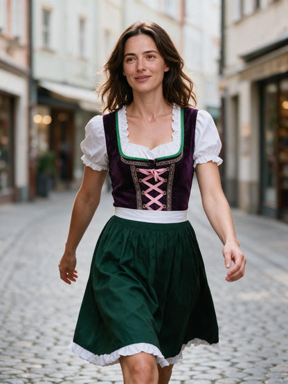 Woman walking through a Munich old-town street in the purple and green dirndl