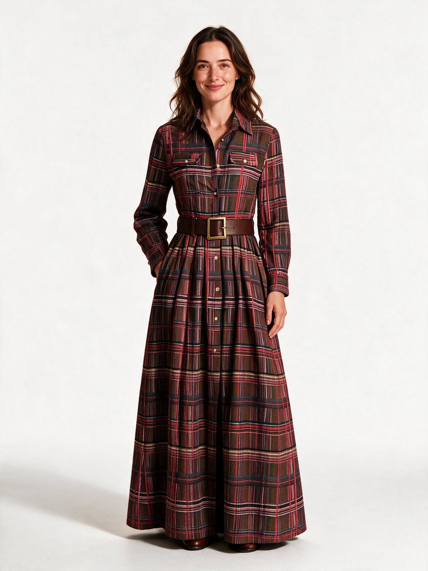 Marlowe belted tartan maxi dress in reddish brown, front view on a white studio background