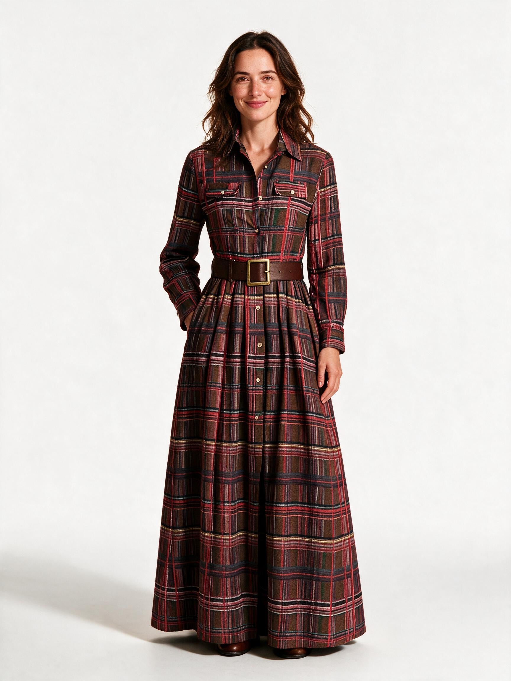 Marlowe belted tartan maxi dress in reddish brown, front view on a white studio background