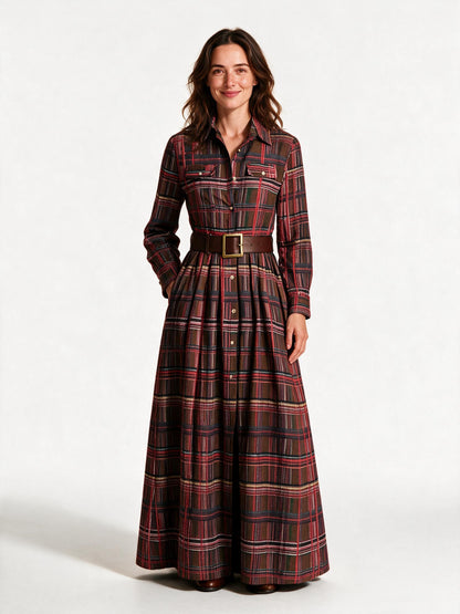 Marlowe belted tartan maxi dress in reddish brown, front view on a white studio background
