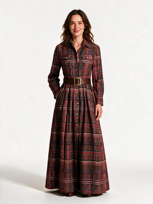 Marlowe belted tartan maxi dress in reddish brown, front view on a white studio background