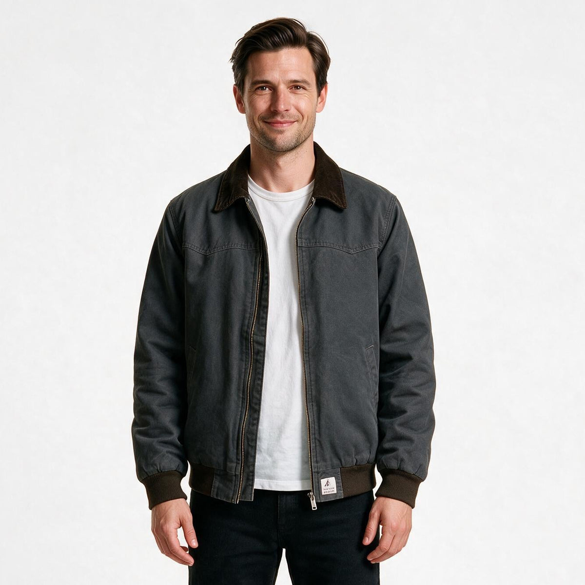 Men's cotton canvas work jacket in grey with brown corduroy collar, front view