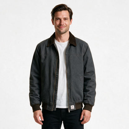 Men's cotton canvas work jacket in grey with brown corduroy collar, front view