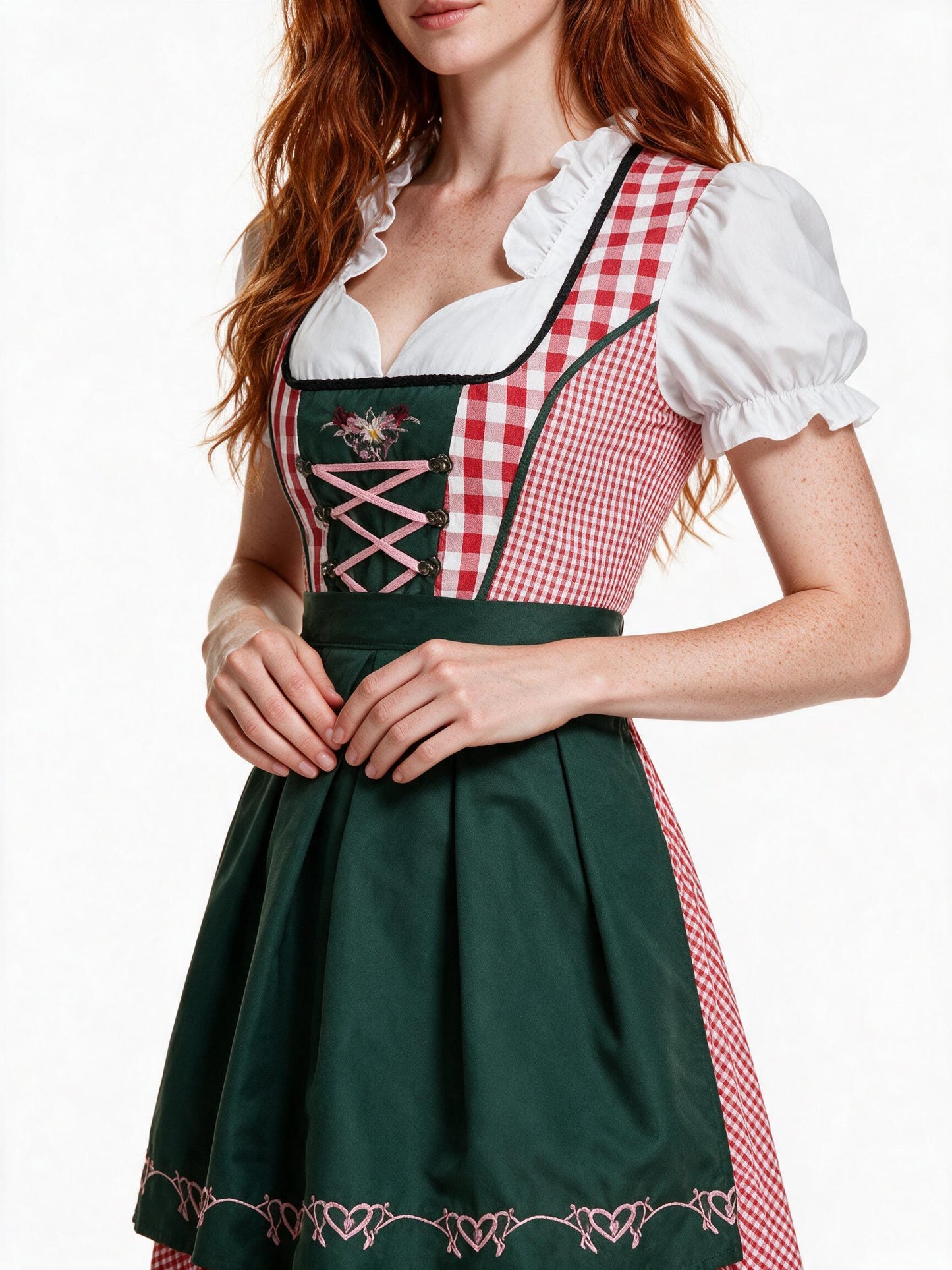 Close detail of the pink check bodice lacing and braid trim