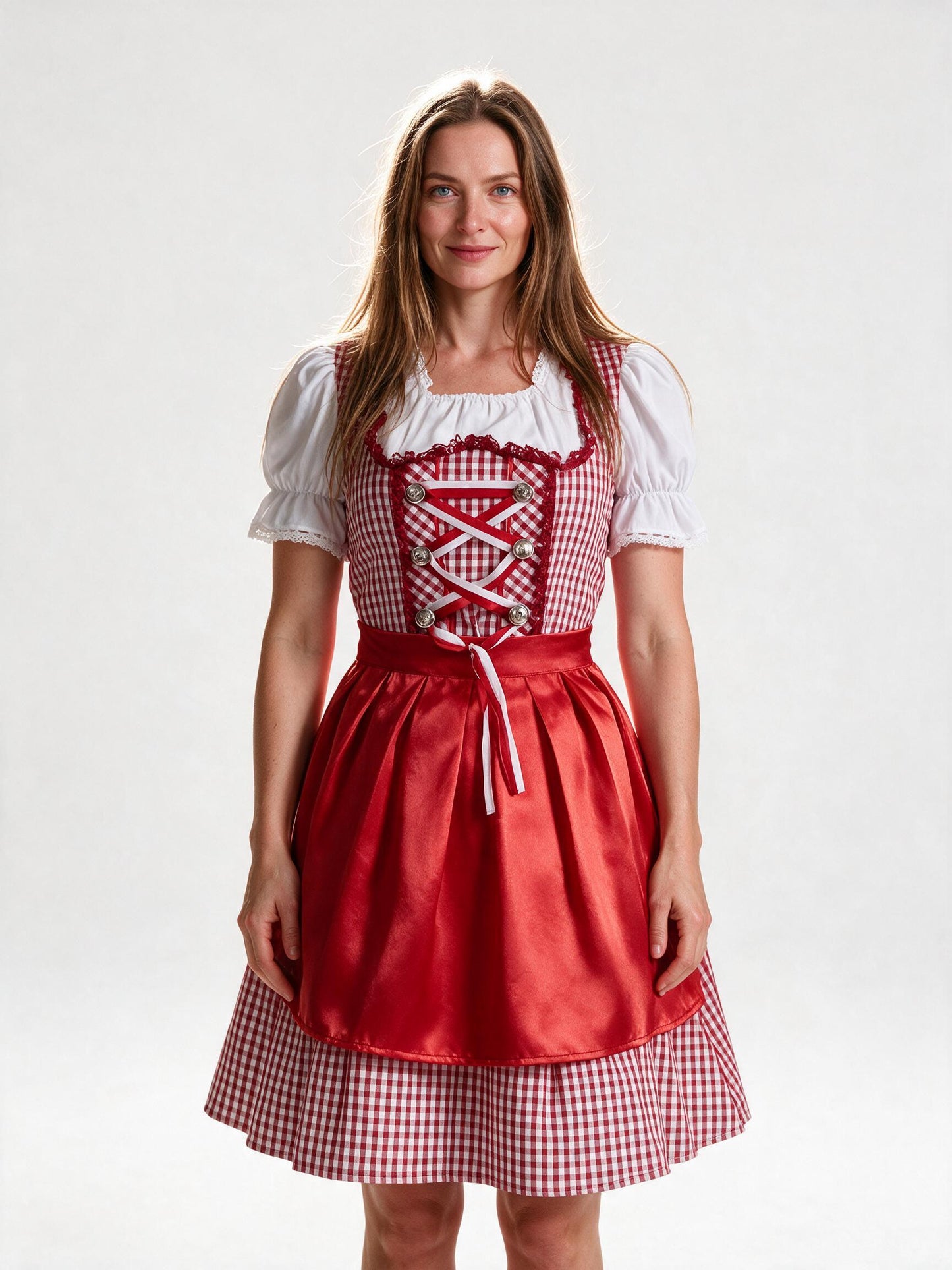 Red check lace-up dirndl dress with satin apron, front view