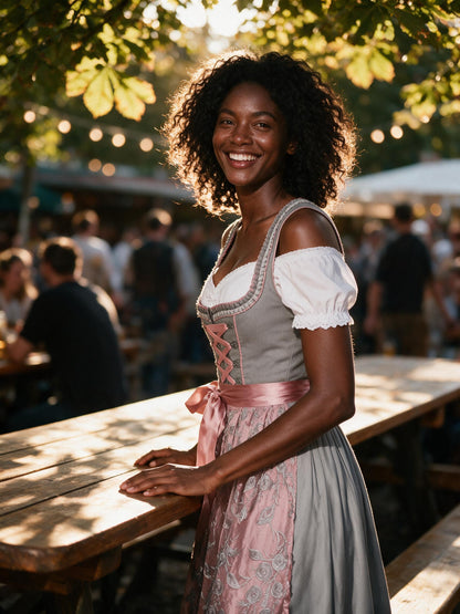Woman wearing the grey rose dirndl set in a Bavarian beer garden