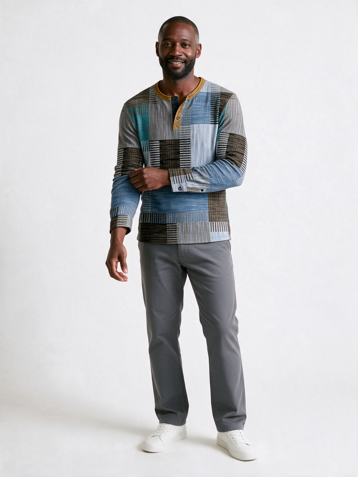 Henrik patchwork print henley in pale blue, teal and brown - front view