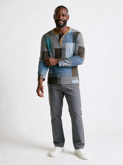 Henrik patchwork print henley in pale blue, teal and brown - front view