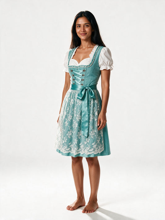 Embroidered lace apron dirndl dress in aqua
