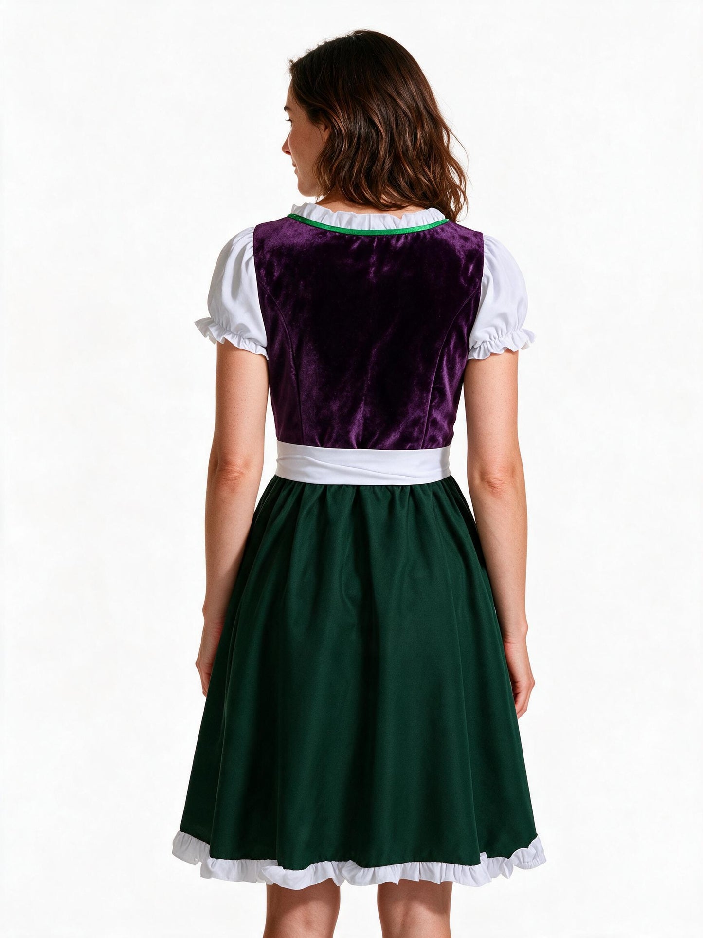 Purple velvet dirndl dress, back view showing the bodice seams and green skirt