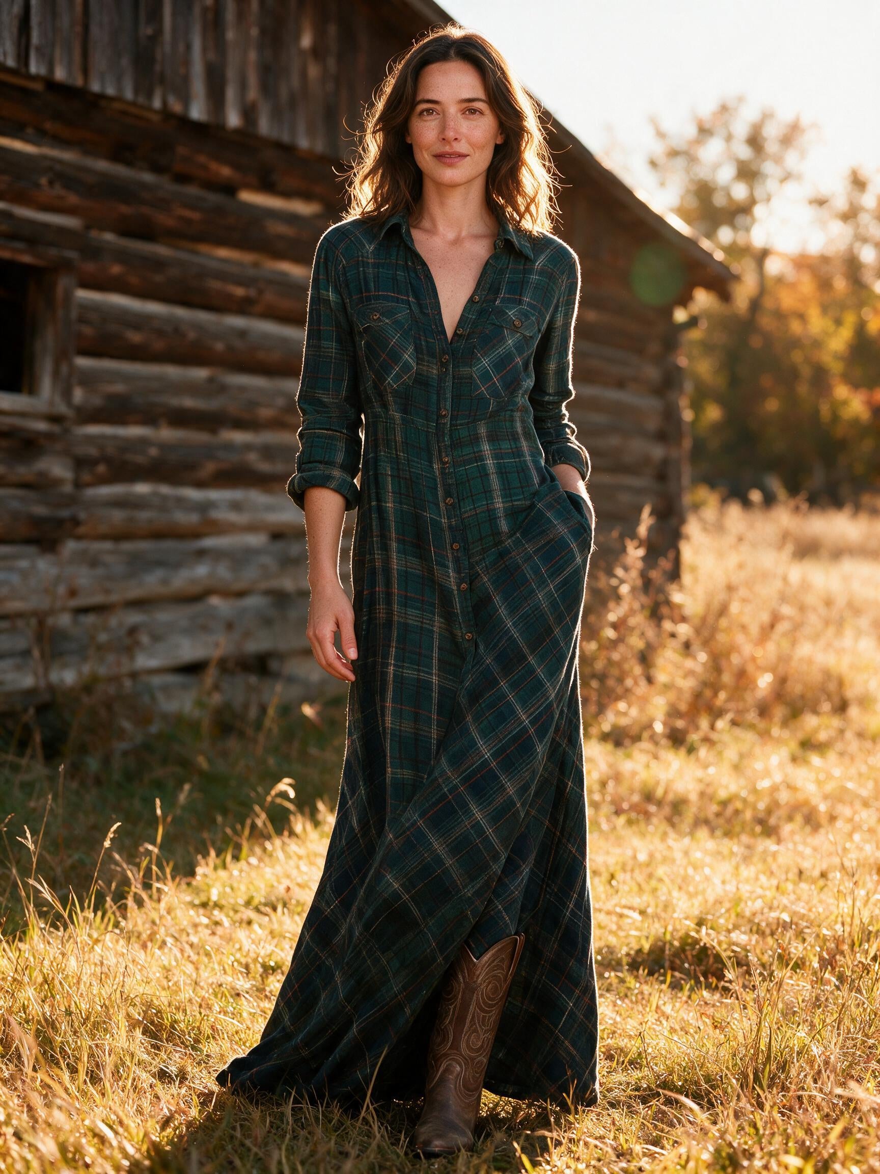 Woman wearing the green Tamsin plaid flannel maxi dress beside a timber barn in autumn