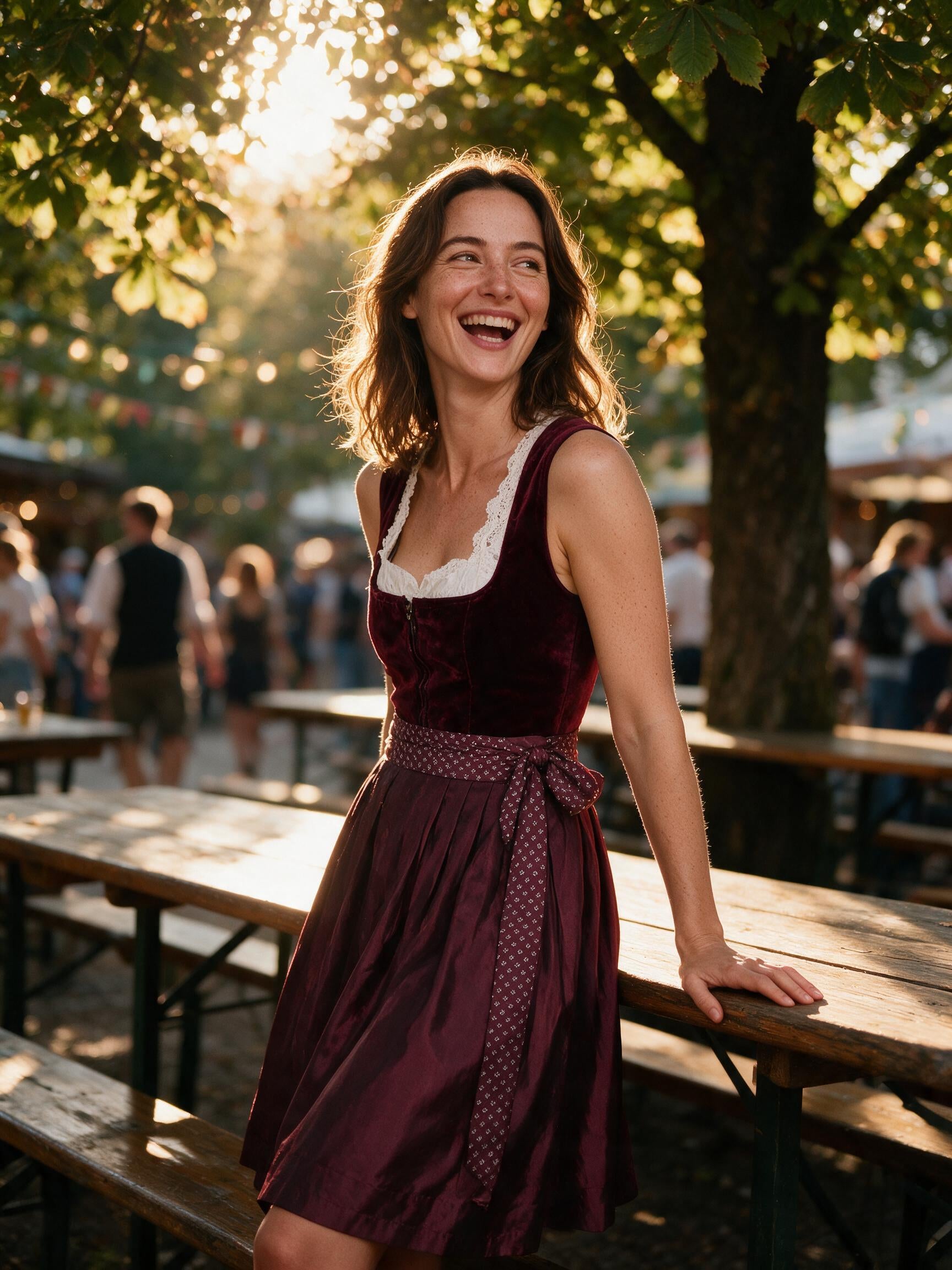 Woman wearing the burgundy dirndl in a Bavarian beer garden at golden hour