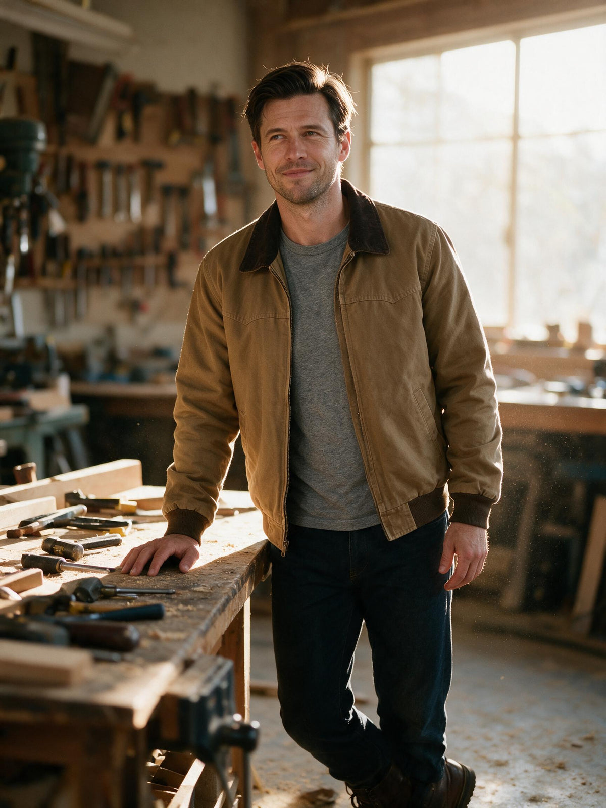 Man wearing the khaki canvas work jacket at a workbench in a woodshop