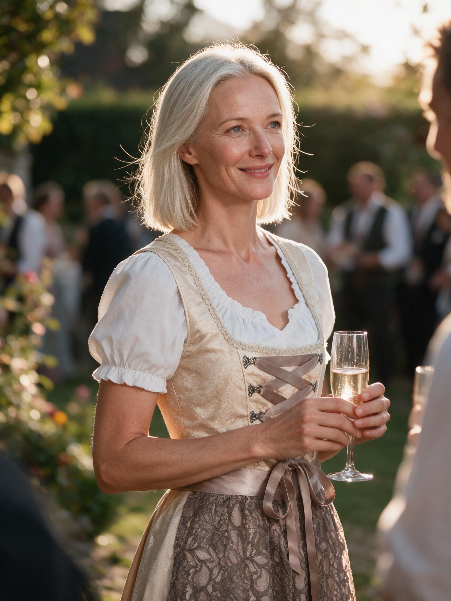 Woman in the champagne brocade dirndl at an autumn garden reception