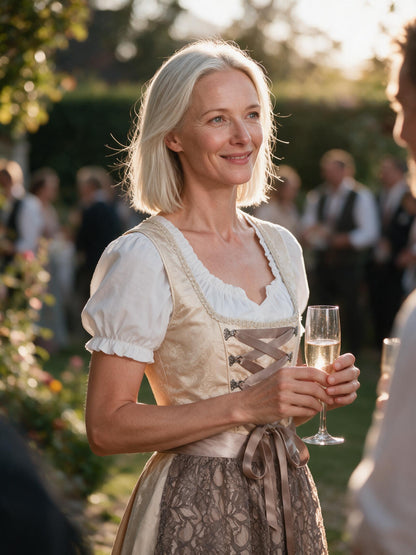 Woman in the champagne brocade dirndl at an autumn garden reception