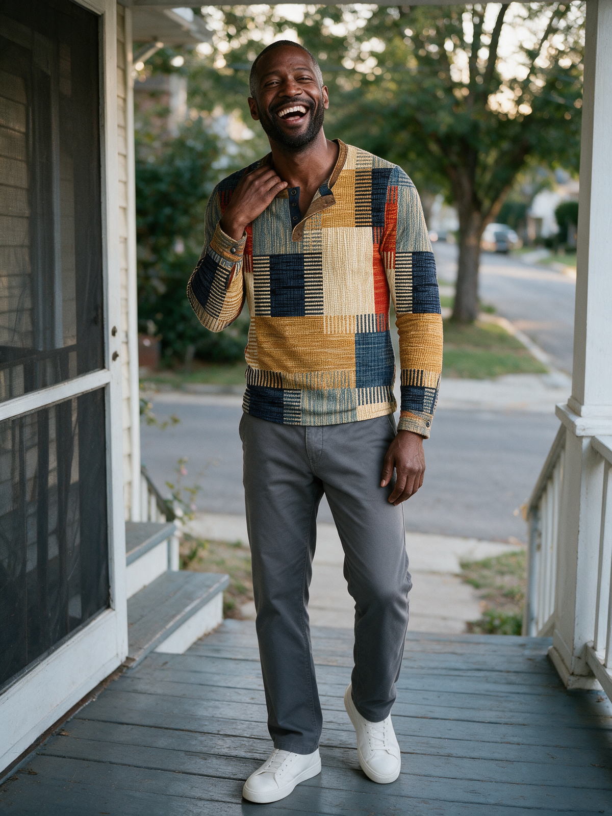 Henrik patchwork print henley worn on an American front porch