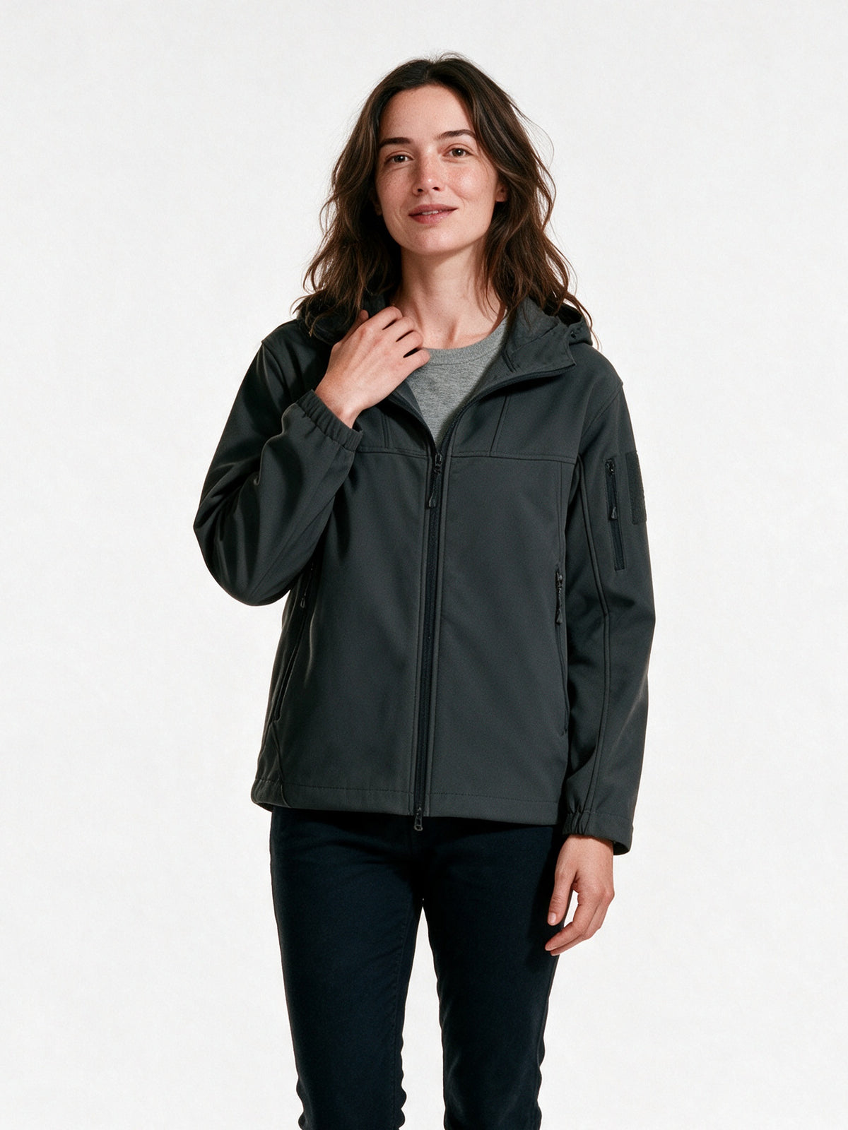 Rolf - Unisex Hooded Soft Shell Jacket with Sleeve Pocket - Grey