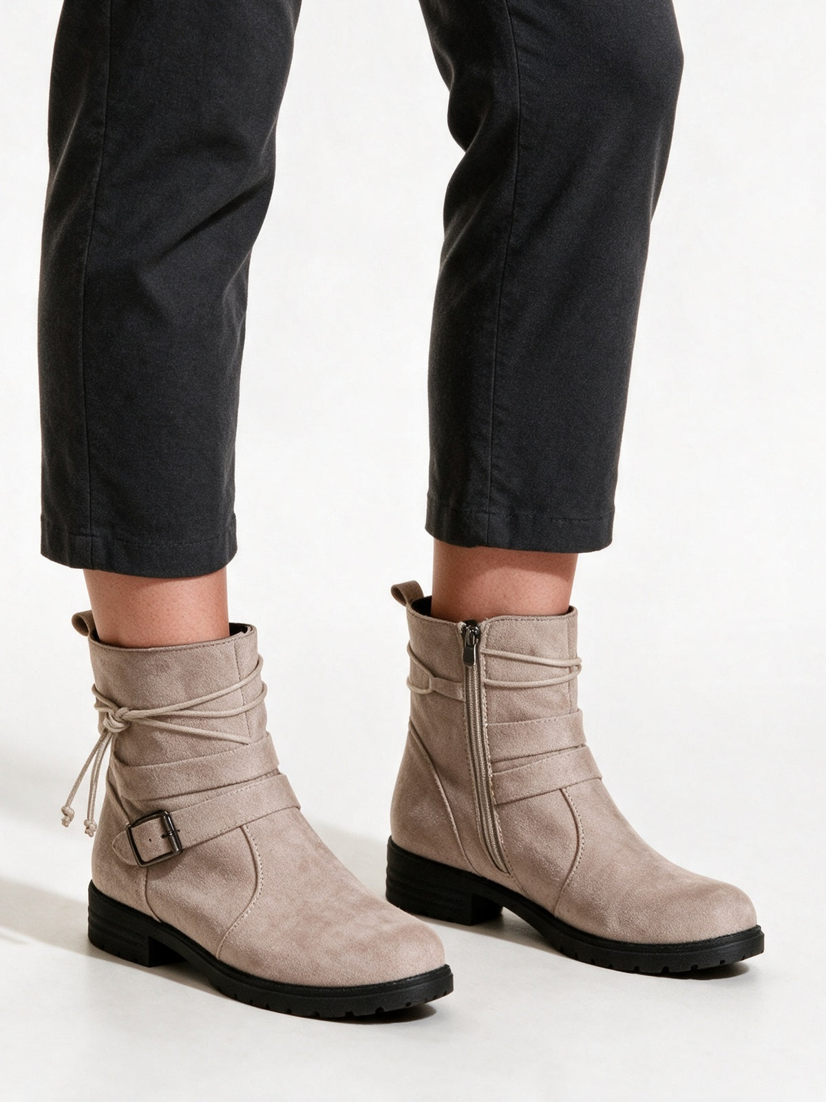 Romilly - Women's Wrap Strap Buckle Ankle Boots - Beige