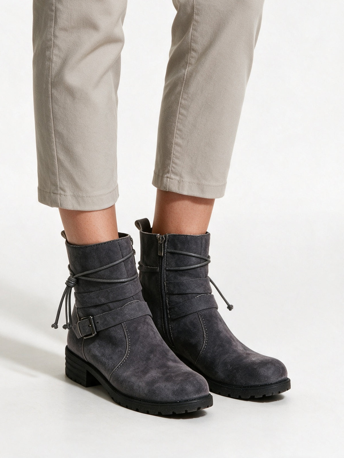 Romilly - Women's Wrap Strap Buckle Ankle Boots - Grey