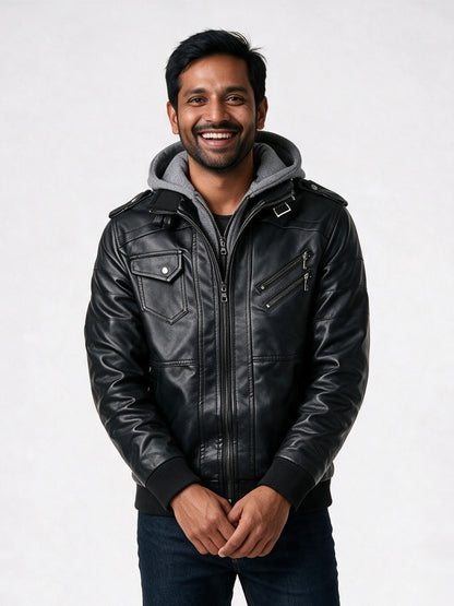 Ronan - Men's Hooded Biker Jacket with Double Zip - Black