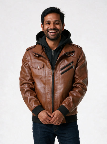Ronan - Men's Hooded Biker Jacket with Double Zip - view 1
