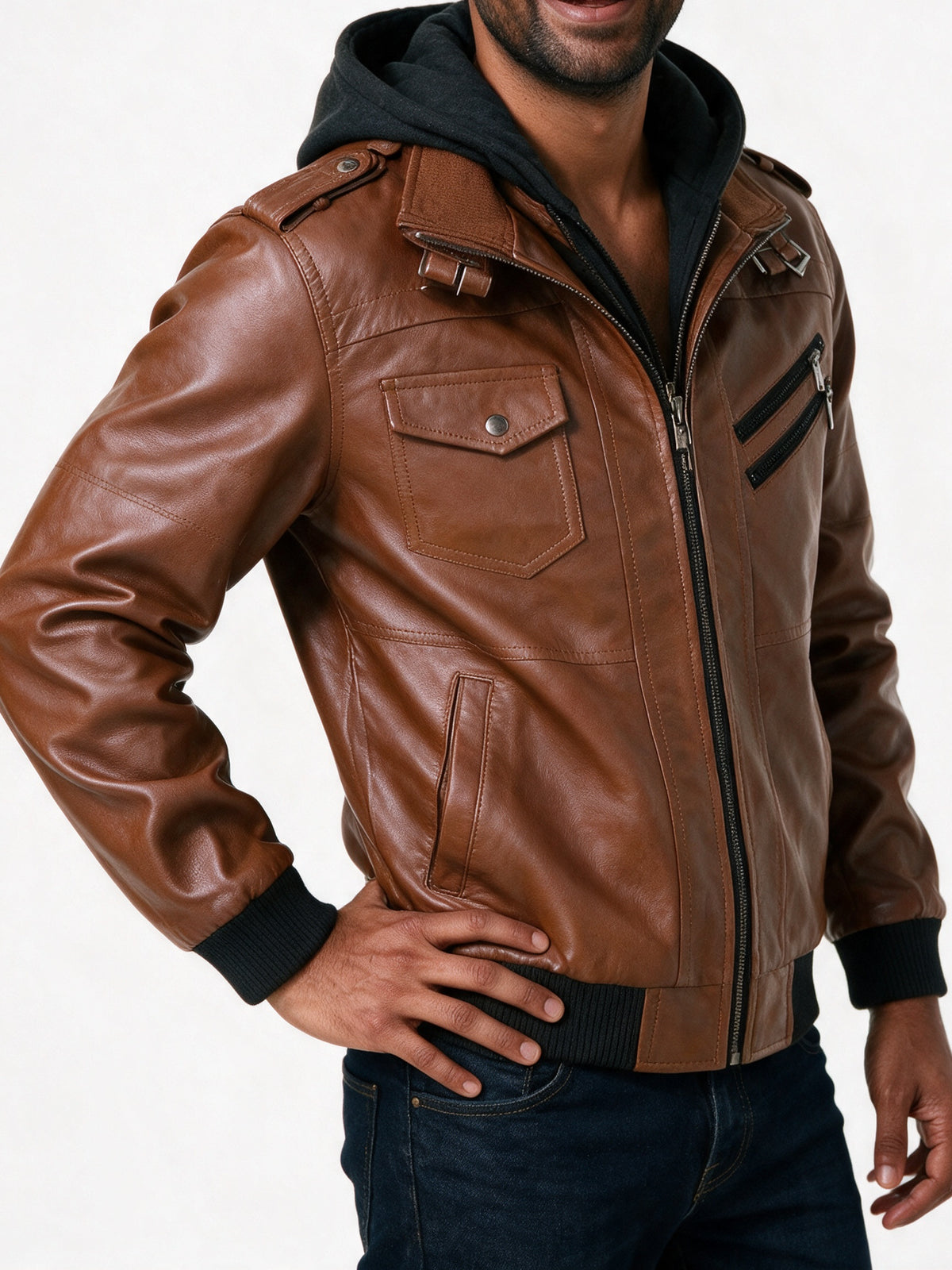 Ronan - Men's Hooded Biker Jacket with Double Zip - view 3