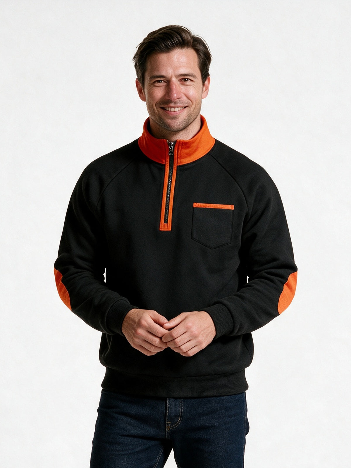 Rory - Men's Half Zip Sweatshirt with Elbow Patches - Black