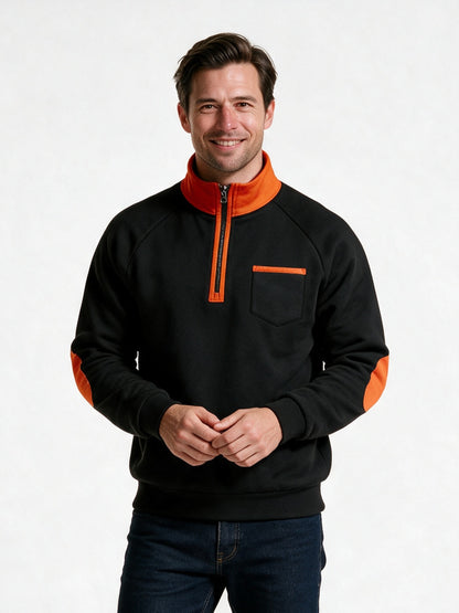 Rory - Men's Half Zip Sweatshirt with Elbow Patches - Black