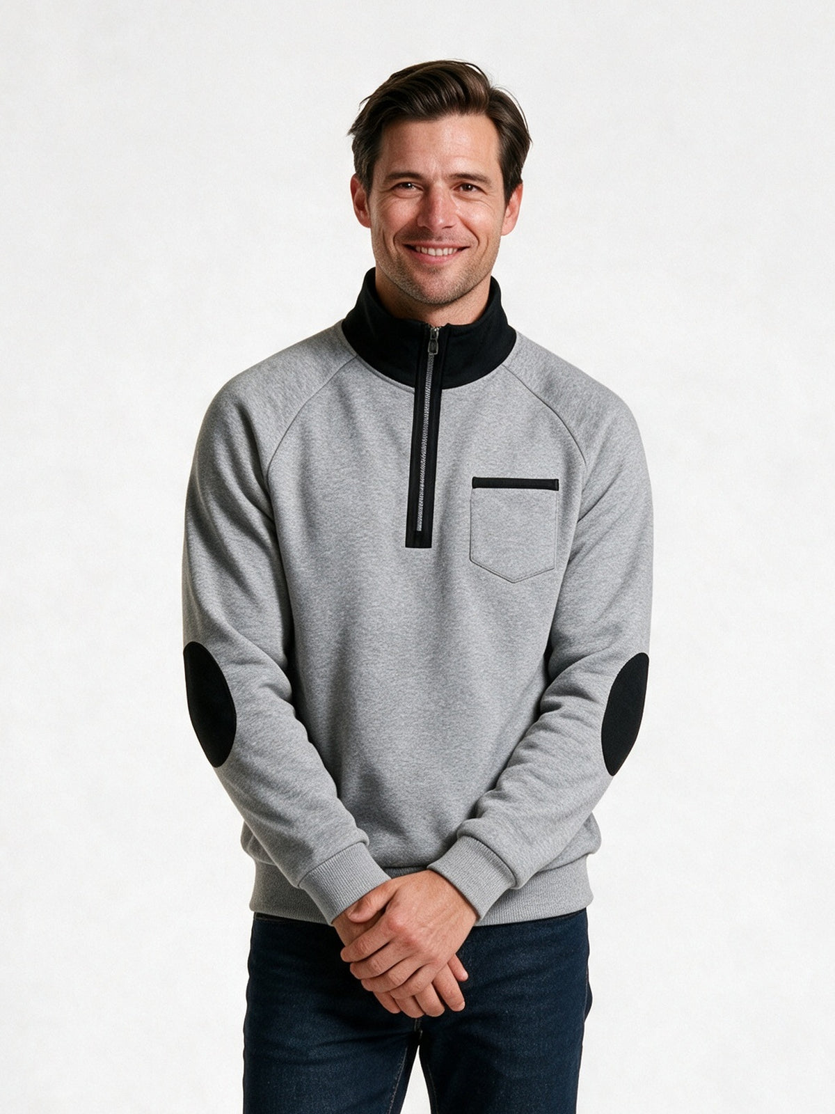 Rory - Men's Half Zip Sweatshirt with Elbow Patches - Light Grey