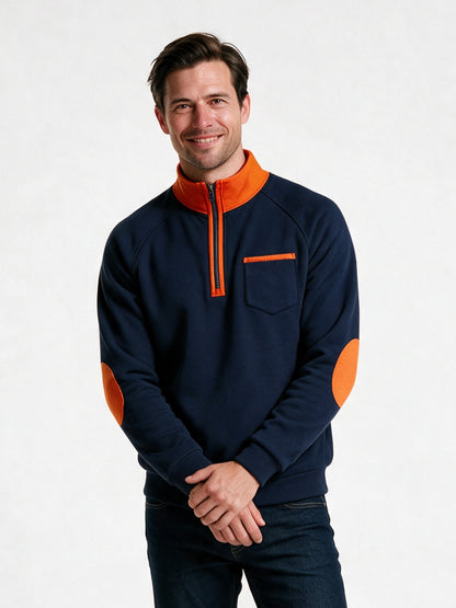 Rory - Men's Half Zip Sweatshirt with Elbow Patches - Navy