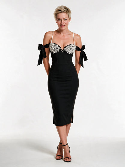 Rosalie - Women's Embellished Bodycon Midi Dress with Pearl Straps - Black