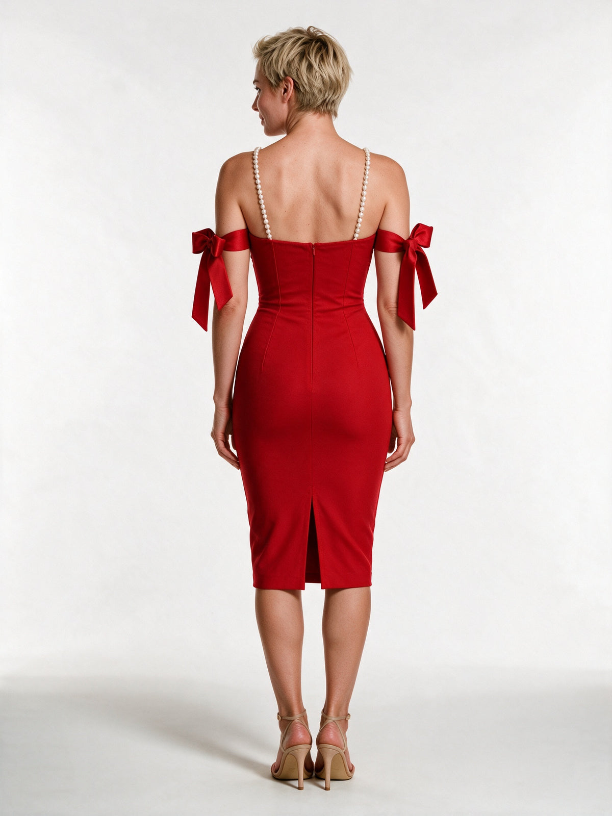 Rosalie - Women's Embellished Bodycon Midi Dress with Pearl Straps - view 5