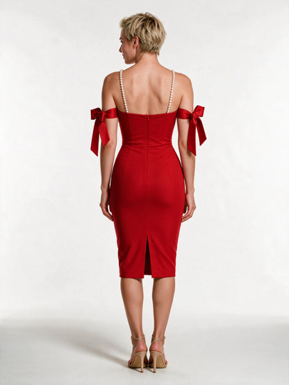 Rosalie - Women's Embellished Bodycon Midi Dress with Pearl Straps - view 5