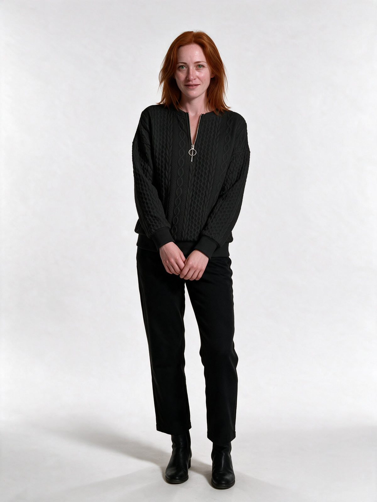 Rosalind - Women's Cable Texture Ring Zip Pullover - Black