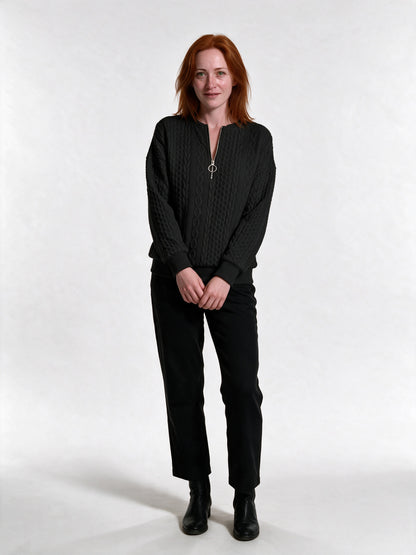 Rosalind - Women's Cable Texture Ring Zip Pullover - Black