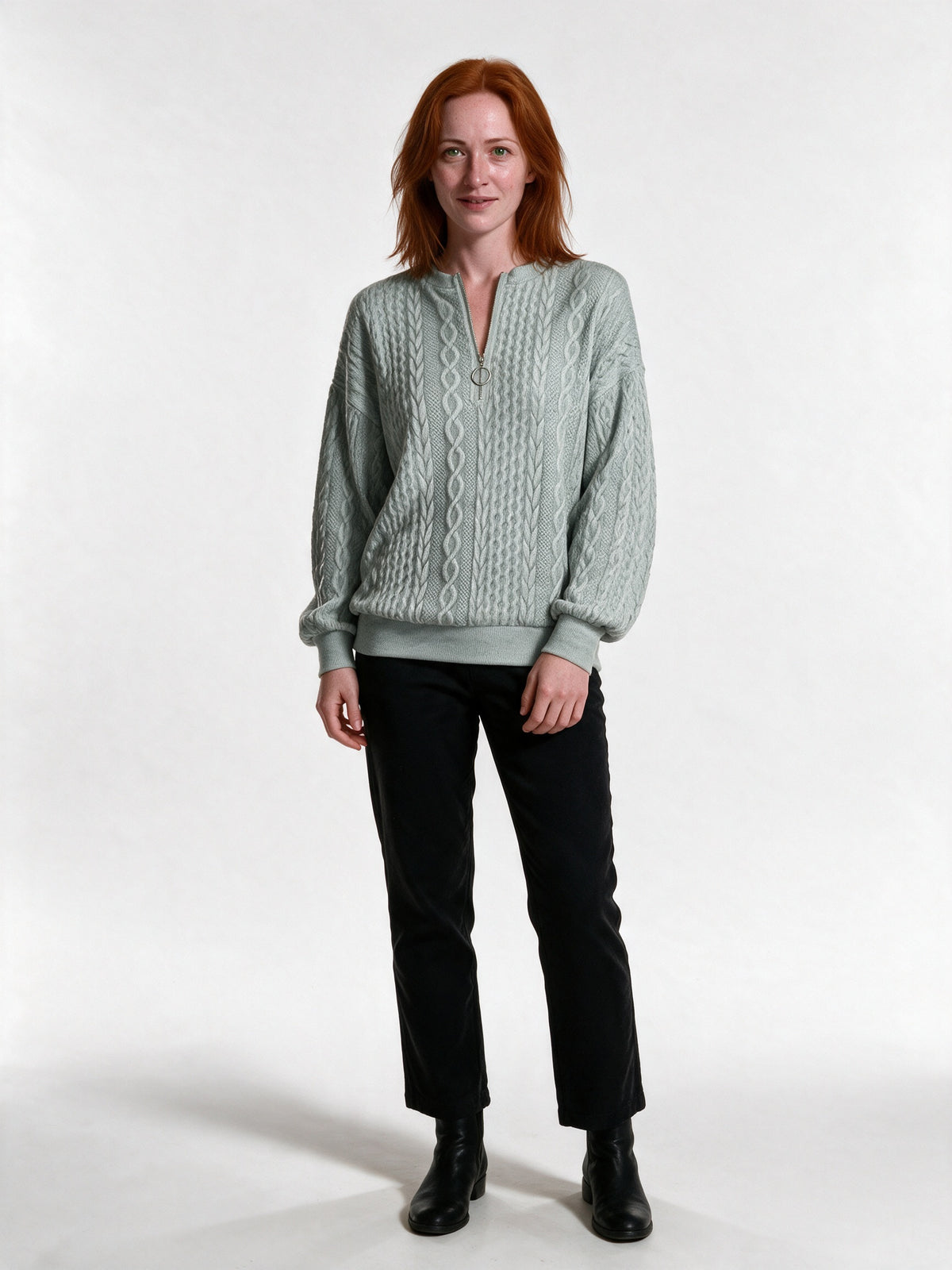 Rosalind - Women's Cable Texture Ring Zip Pullover - Gray