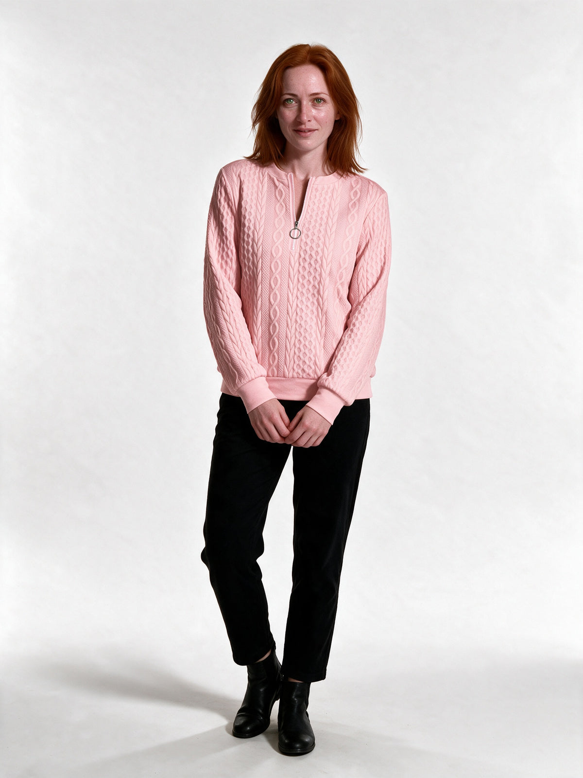 Rosalind - Women's Cable Texture Ring Zip Pullover - Pink