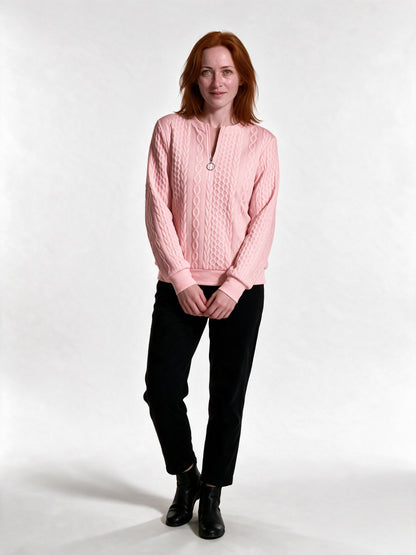 Rosalind - Women's Cable Texture Ring Zip Pullover - Pink