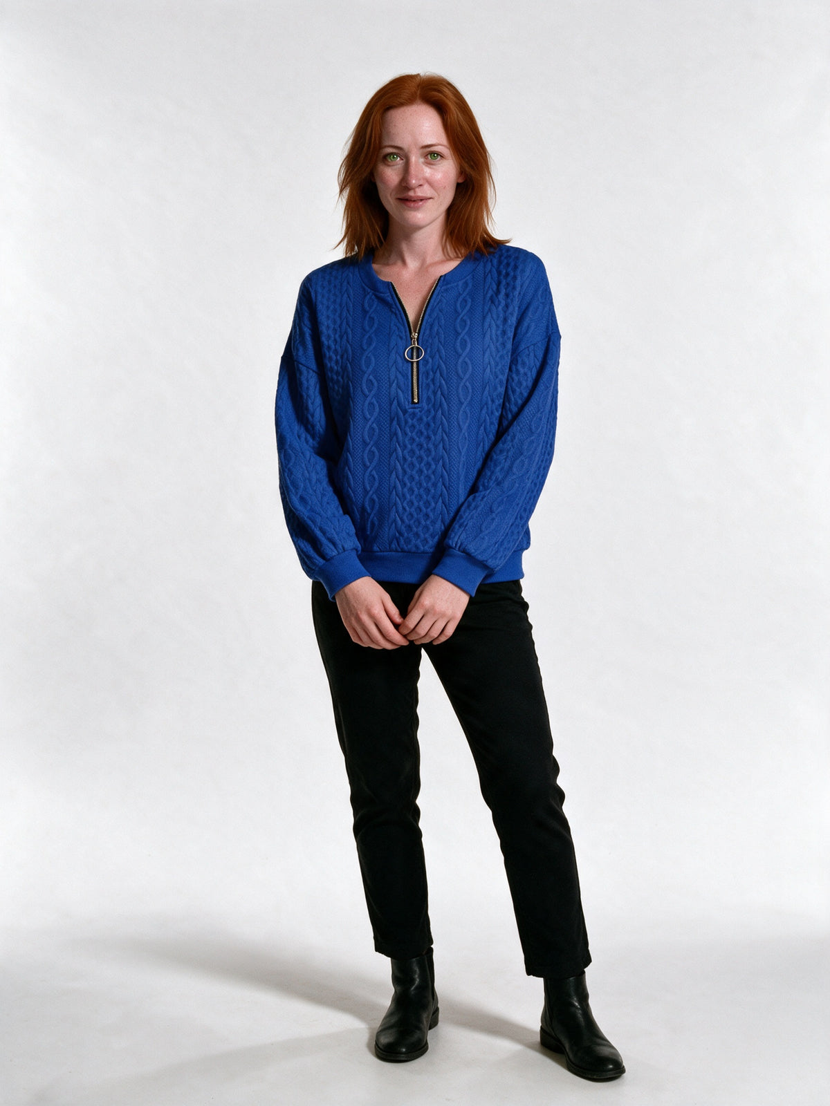 Rosalind - Women's Cable Texture Ring Zip Pullover - Royal Blue