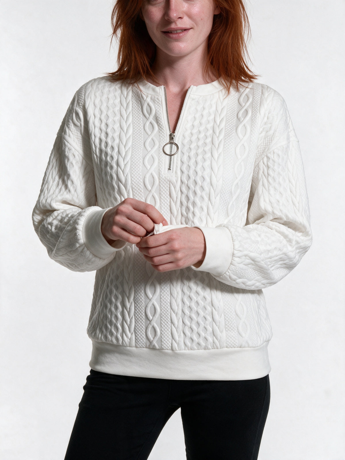 Rosalind - Women's Cable Texture Ring Zip Pullover - view 3