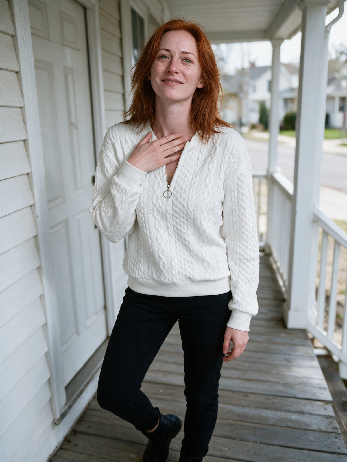 Rosalind - Women's Cable Texture Ring Zip Pullover - view 4