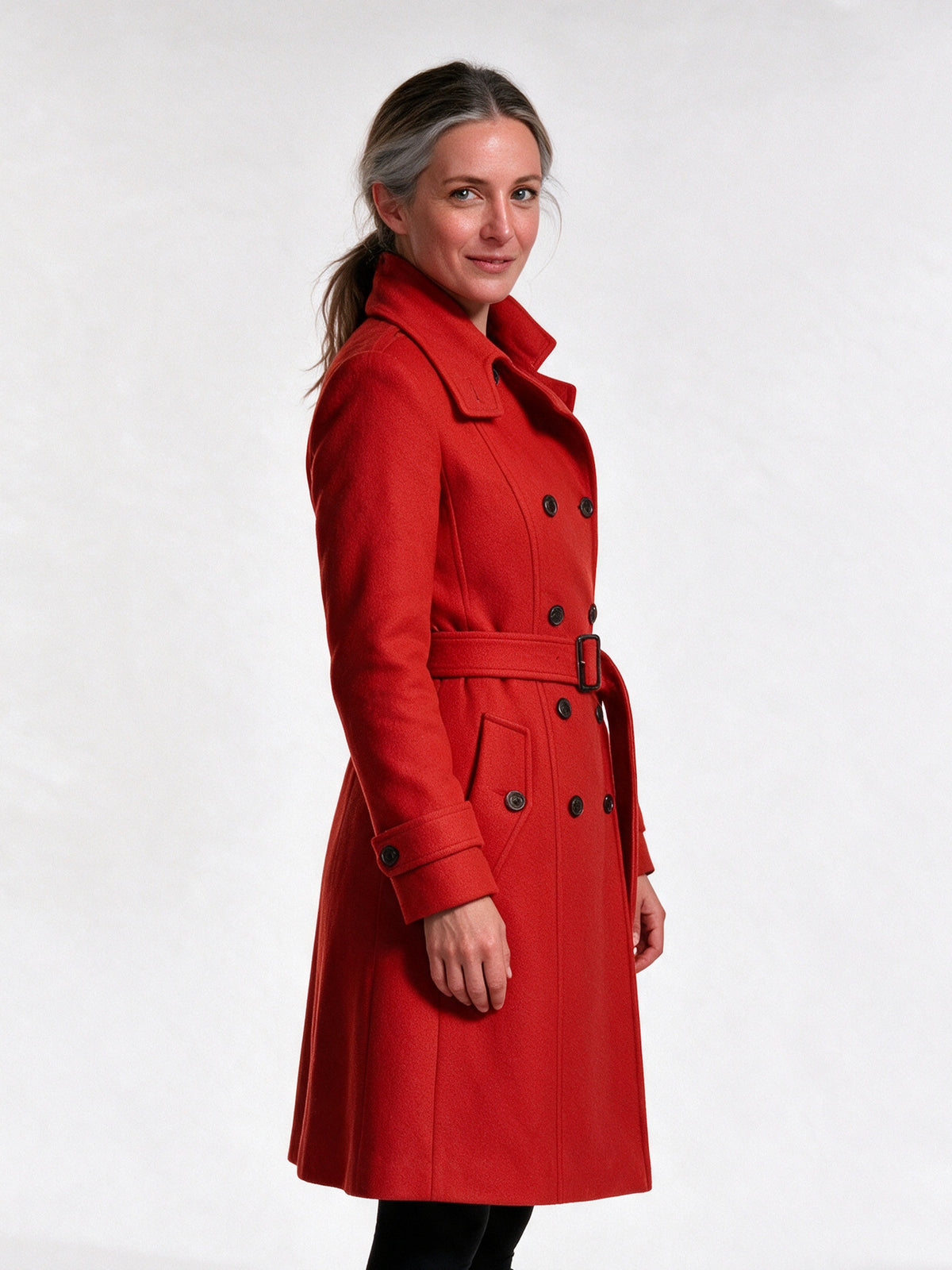 Rosamund - Women's Double Breasted Belted Coat with Stand Collar - view 2
