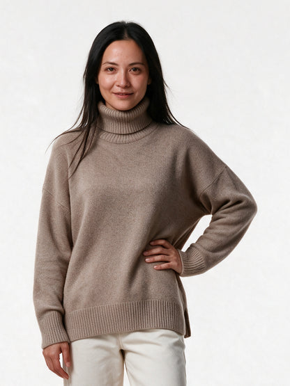 Rosana - Women's Oversized Turtleneck Knit Sweater - Khaki