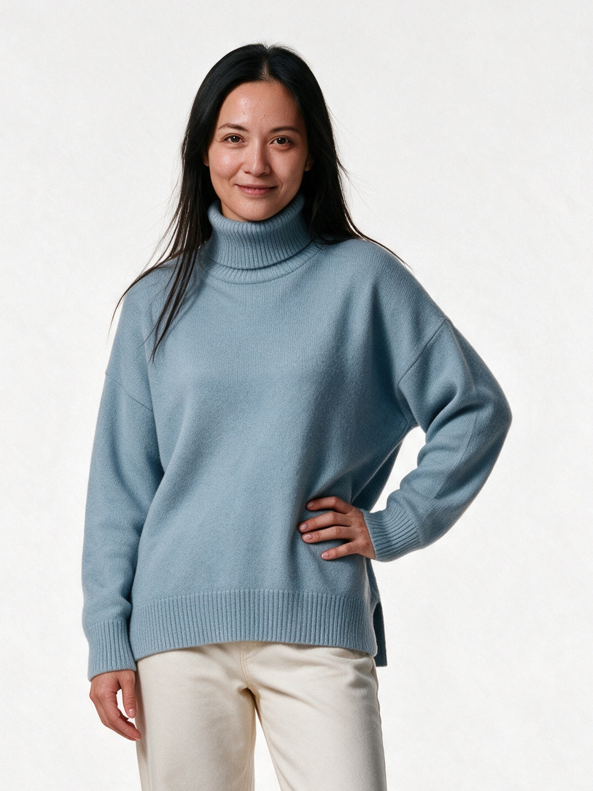 Rosana - Women's Oversized Turtleneck Knit Sweater - Light Blue