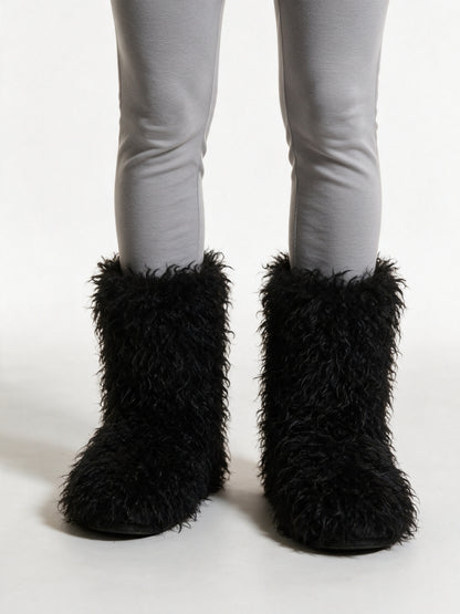 Runa - Women's Curly Fluffy Pull On Boots - Black