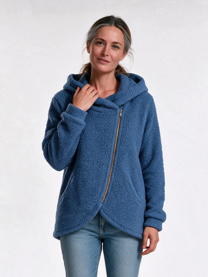 Saffron - Women's Fluffy Asymmetric Zip Hoodie - Blue